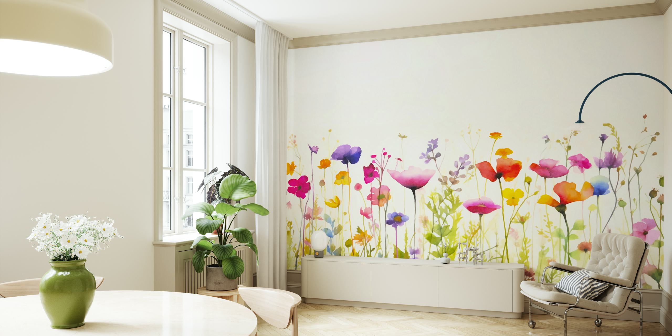 Spring Meadow Breeze Aquarell Blumen Tapete